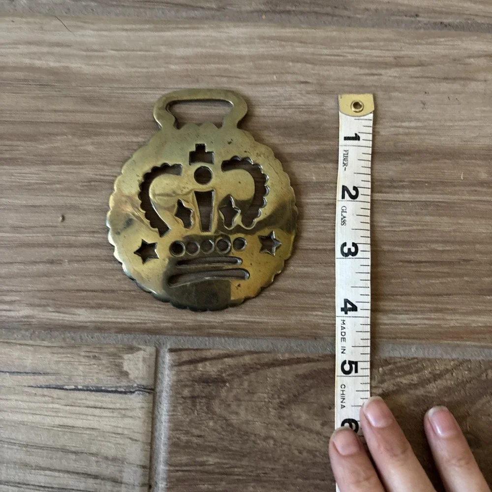 Brass Horse Medallion Antique English Victorian Crown Star Pierced Show Parade